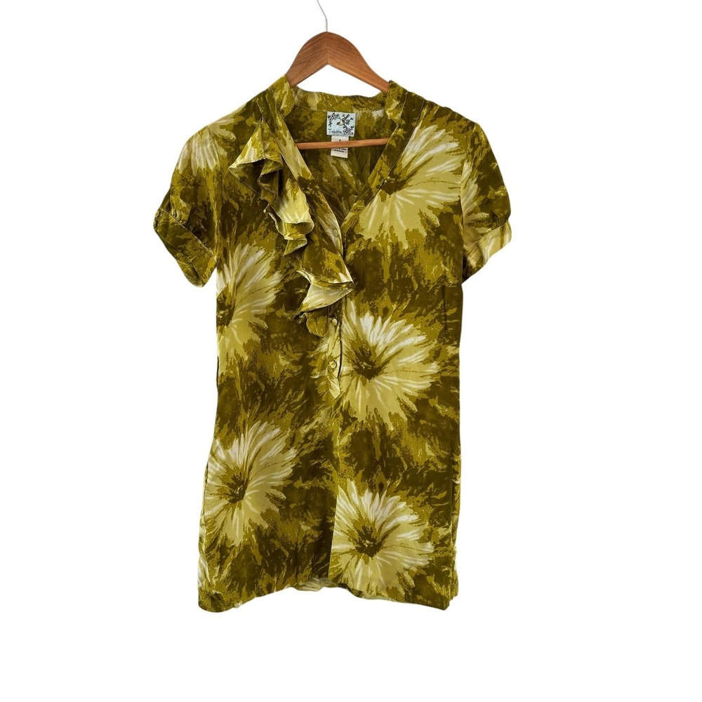 Anthropologie Tabitha Tranquil Flow Tunic Top Womens 4 Green Silk Floral Ruffle